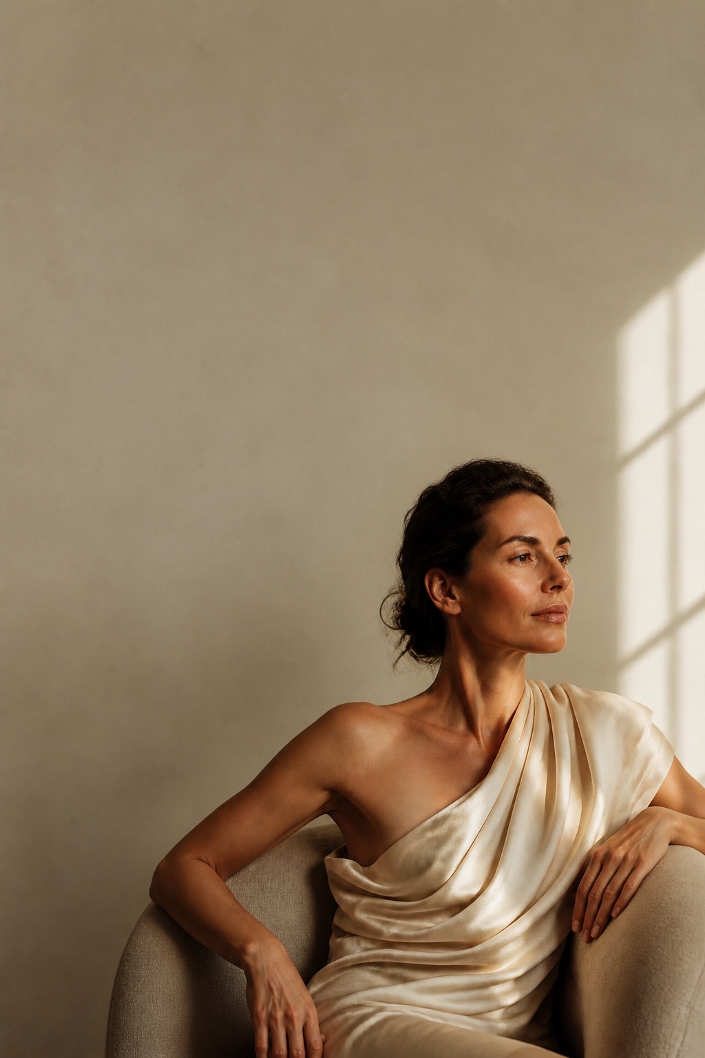 Woman with natural-looking skin in warm editorial light